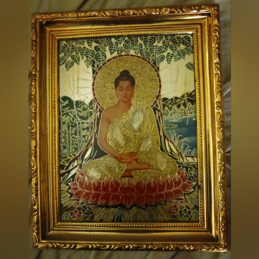 Vintage Gold Foil Buddha Print on Gold Framed Mirror